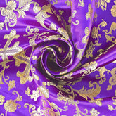 Church Cross Brocade Fabric—Purple and Gold—Composition: 40% Nylon, 34% Polyester, 26%—Sold by the Yard—Width: 60/ Inches.